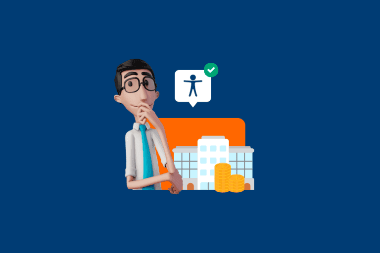 Illustration of a 3D avatar considering an office building and stacked coins, with an accessibility icon marked by a green check.