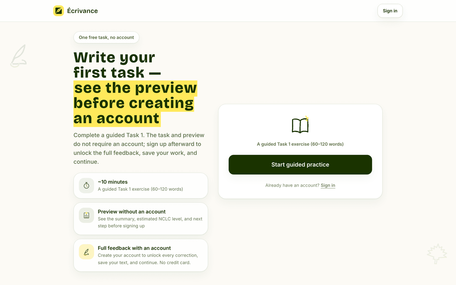 The guest entry screen. A heading reads “Write your first task: see the preview before creating an account”, with cards explaining a ten-minute guided Task 1, a preview without an account, and full feedback once an account exists. A single button says “Start guided practice”.