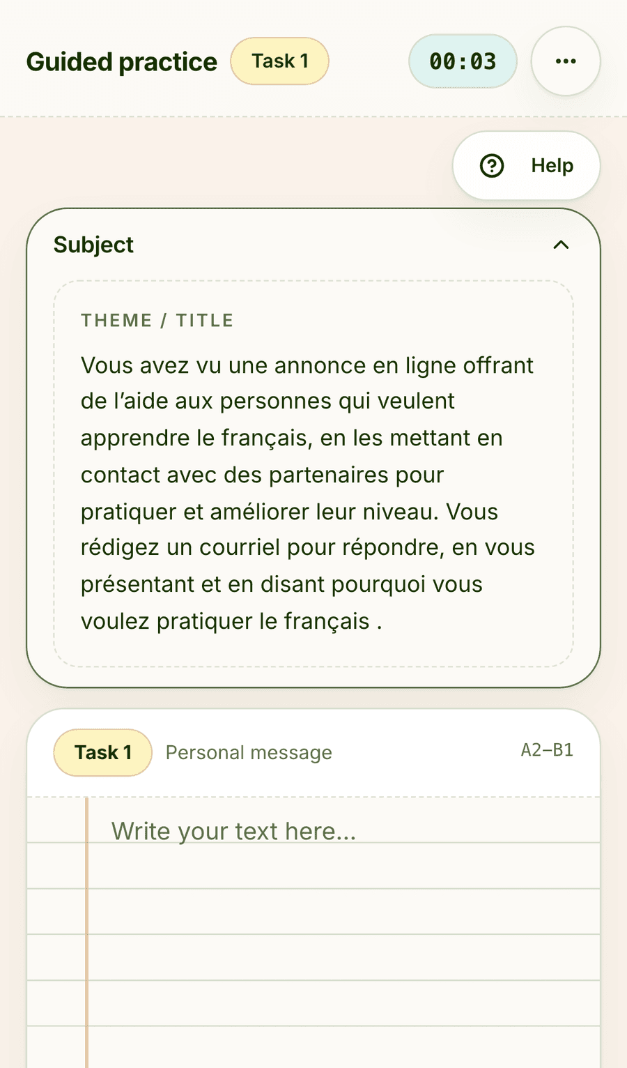 The same guided practice task on a phone. The prompt sits in a collapsible “Subject” card at the top, with the ruled writing area beneath it and a timer and Help button in the header.