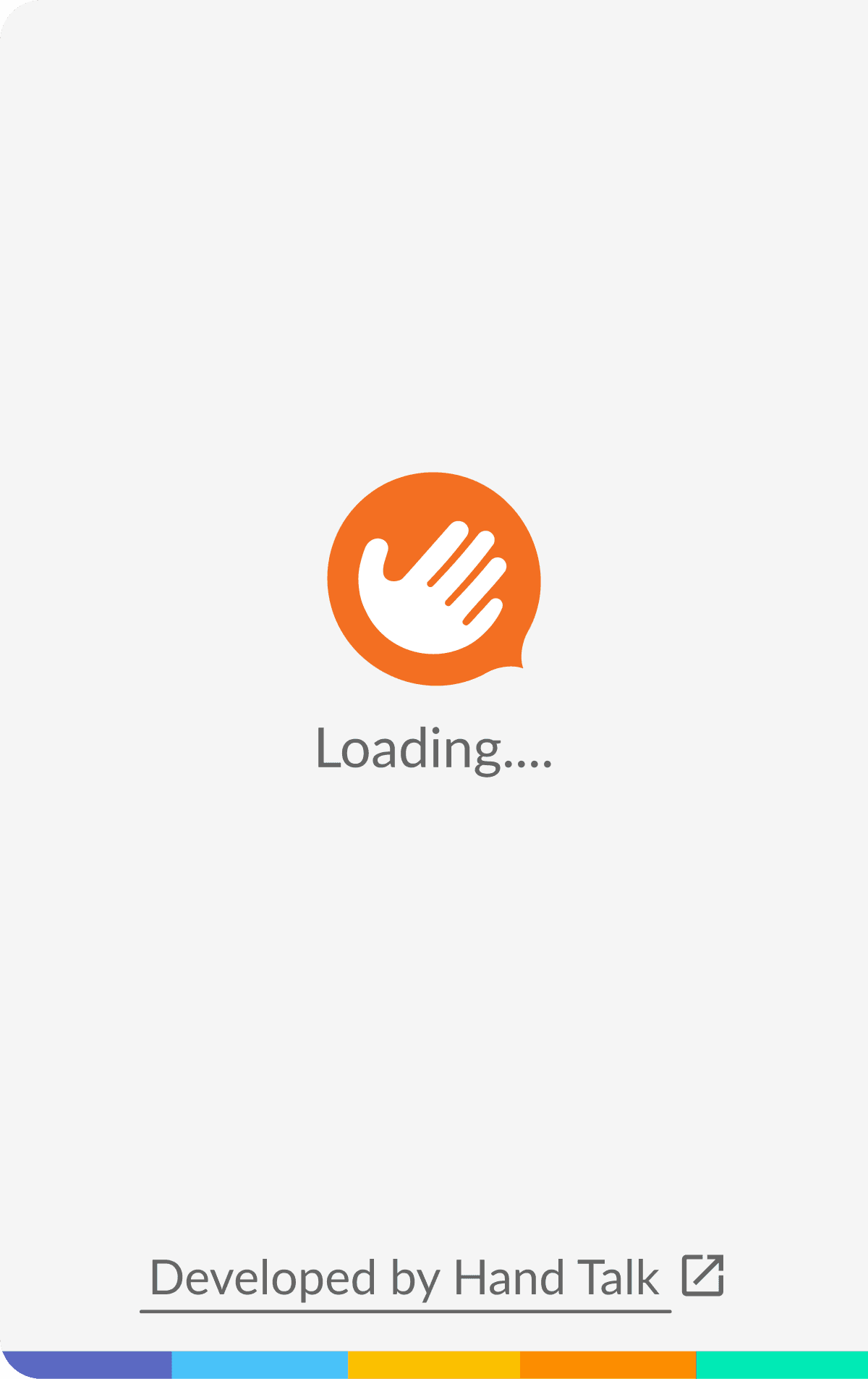 The Hand Talk plugin loading screen: an orange hand logo, the word “Loading….”, and an underlined “Developed by Hand Talk” link at the bottom.